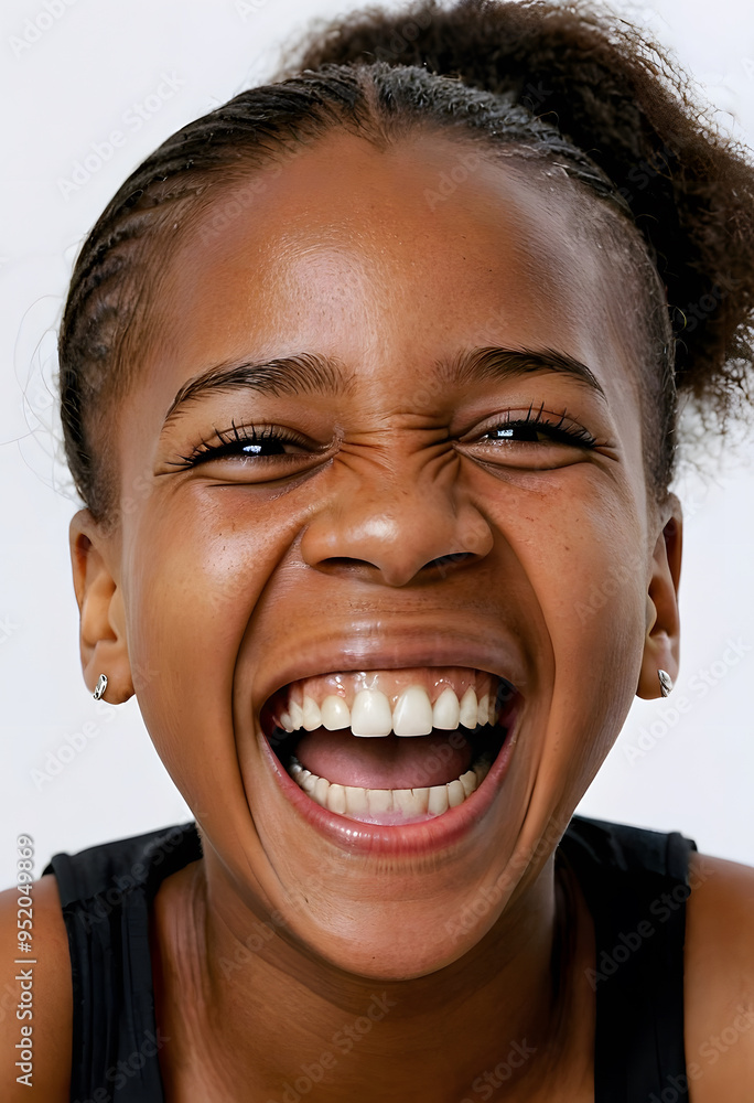 A joyful young woman laughing heartily, showcasing her bright smile and expressive eyes. The background is neutral, emphasizing her happiness and vibrant energy. A joyful young woman laughing heartily, showcasing her bright smile and expressive eyes. The background is neutral, emphasizing her happiness and vibrant energy.