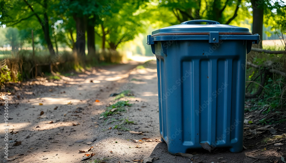 A gray trash can on a dirt path in a rural setting, with trees and sunlight in the background A gray trash can on a dirt path in a rural setting, with trees and sunlight in the background