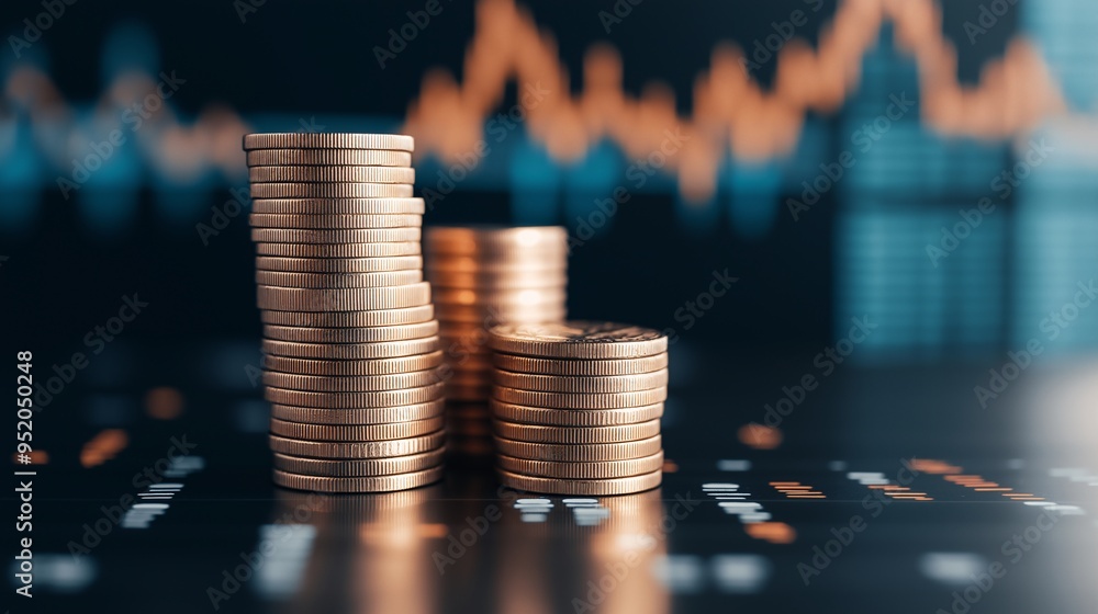 Golden Coins Stacked on a Chart: A close-up shot of three stacks of golden coins on a black background, with a blurred financial chart in the background. The image evokes a sense of prosperity Golden Coins Stacked on a Chart: A close-up shot of three stacks of golden coins on a black background, with a blurred financial chart in the background. The image evokes a sense of prosperity