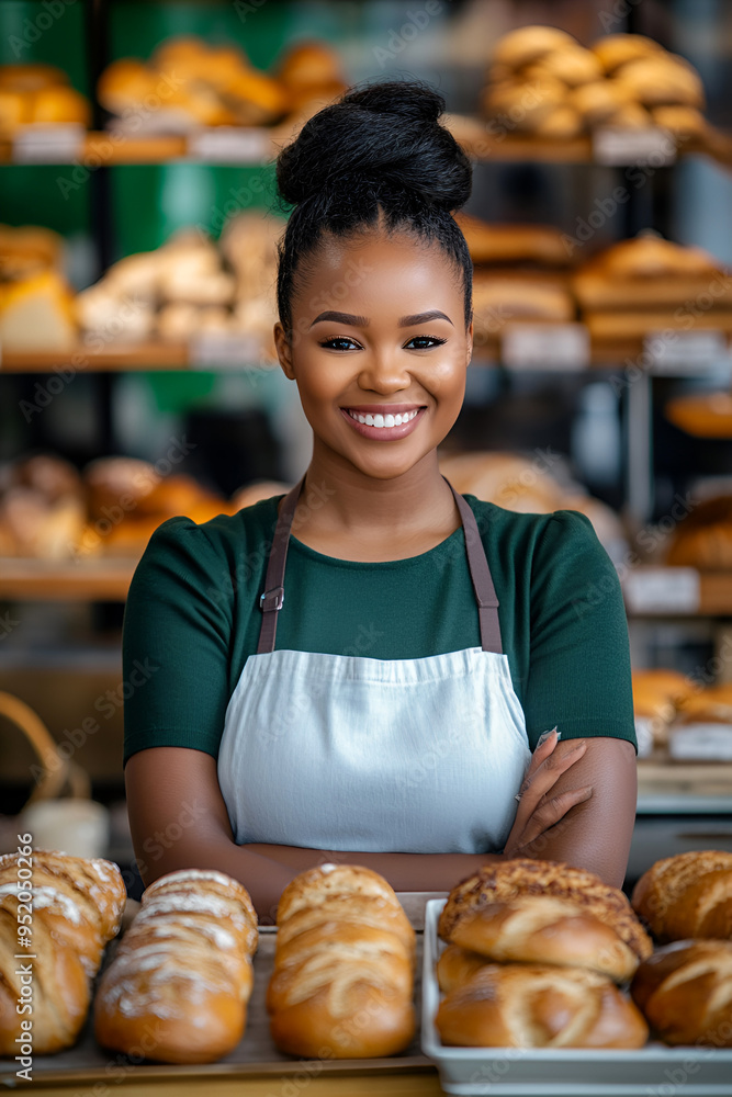 Young smiling African woman in green uniform selling an assortment of fresh bread in a bakery setting. Small business, customer service, bakery concept. Young smiling African woman in green uniform selling an assortment of fresh bread in a bakery setting. Small business, customer service, bakery concept.