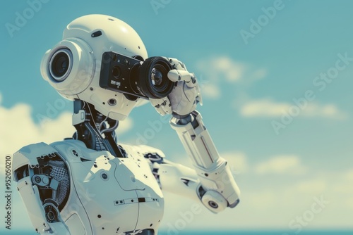 A humanoid robot holding a camera, possibly capturing a vista, combining technological advancement with artistic expression under a clear blue sky.