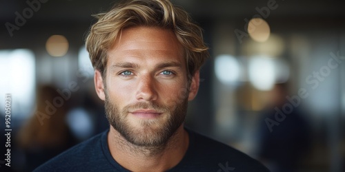 Obraz na płótnie A close-up of a young man with blond hair and a beard, slightly smiling and looking directly into the camera, with a blurred background indoors w salonie
