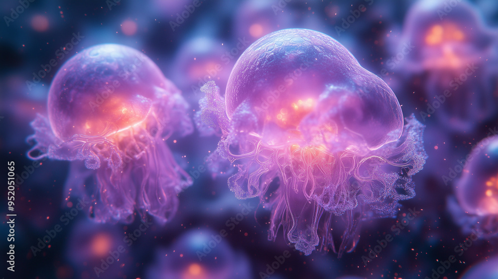 Surreal image of glowing, purple jellyfish-like creatures floating underwater with a starry background. Surreal image of glowing, purple jellyfish-like creatures floating underwater with a starry background.