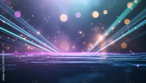 A mesmerizing display of vibrant light beams cascading across a dark stage, creating an enchanting atmosphere filled with sparkles and colorful bokeh effects that dazzle the viewer. photo