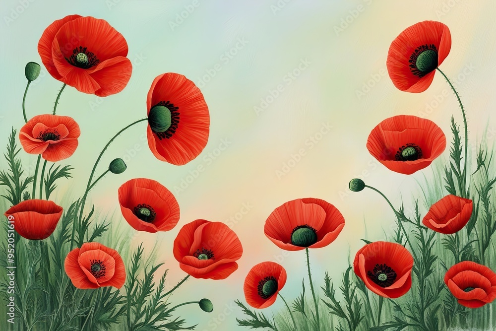 Obraz premium Bright Red Poppies Tribute on a Soothing Pastel Canvas for Memorial Day