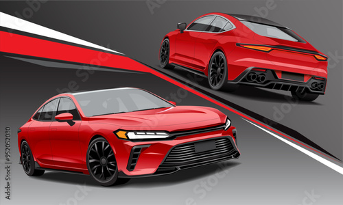 Realistic vector red car sport front and black view transportation on geometric background