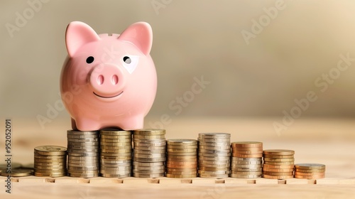 Pink Piggy Bank and Stacked Coins on Wooden Surface