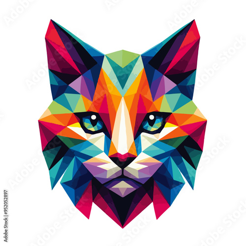 Vibrant multicolored polygonal cat face, captivating geometric cat logo