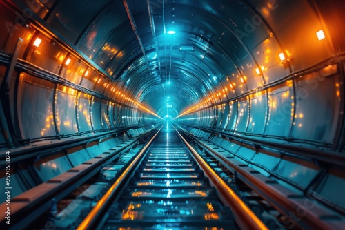 Train going through a tunnel with lights on