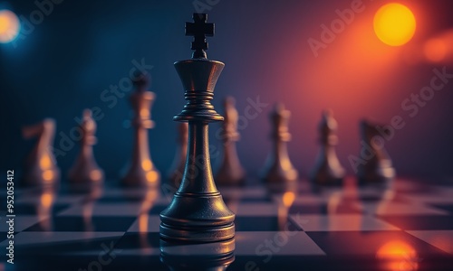 antique chess king piece on chessboard, dramatic lighting, bokeh background