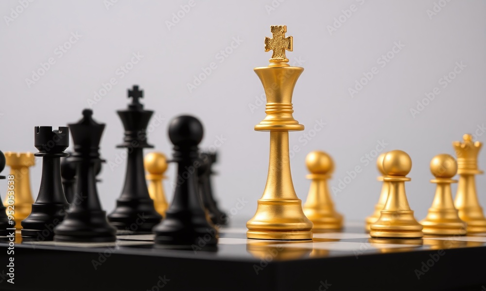 A golden chess king stands tall and proud in the center of the board A golden chess king stands tall and proud in the center of the board