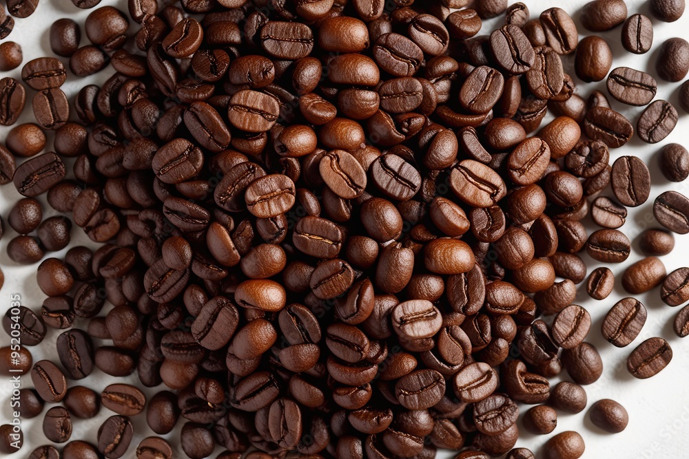 Aerial Shot of Brown Coffee Beans Against a White Background Aerial Shot of Brown Coffee Beans Against a White Background