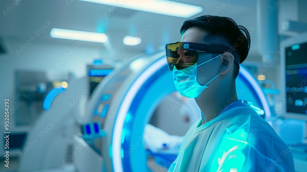 Doctor wearing VR goggles operating an MRI machine Doctor wearing VR goggles operating an MRI machine