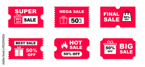 Sale label set. Coupon discount offer collection. Big, mega, final, super sale. Promotion discount banner. 50 percentege off.  Vector illustration.