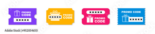 Promo code coupon set. Discount coupon. Gift voucher with promo code. Promo code template for web marketing. Vector illustration.