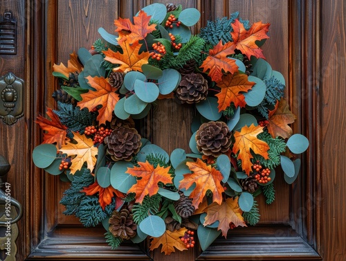 A beautifully arranged autumn wreath featuring vibrant leaves, pinecones, and eucalyptus, perfect for seasonal decor. photo