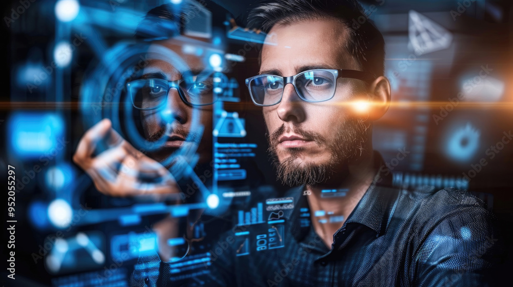 A man examines digital information on a high-tech display in a dimly lit office, reflecting deep concentration and analytical skills A man examines digital information on a high-tech display in a dimly lit office, reflecting deep concentration and analytical skills