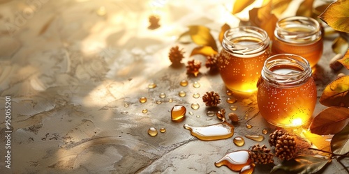 Rosh Hashanah template with honey jars, copy space. Jewish Autumn Rosh Hashana celebration, Tishrei holidays vector greeting card, Jewish holiday
