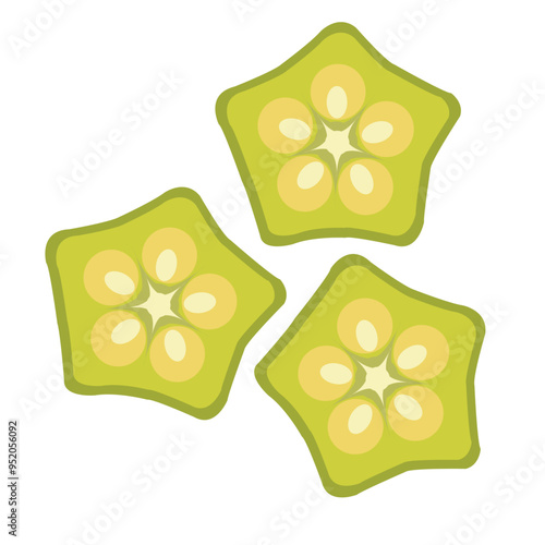  Green okra slices on white background, Top view slices.