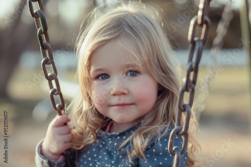 A young girl with blonde hair and bright eyes sits on a swing, holding the chains gently; her serene expression and soft focus create a dreamy portrait.