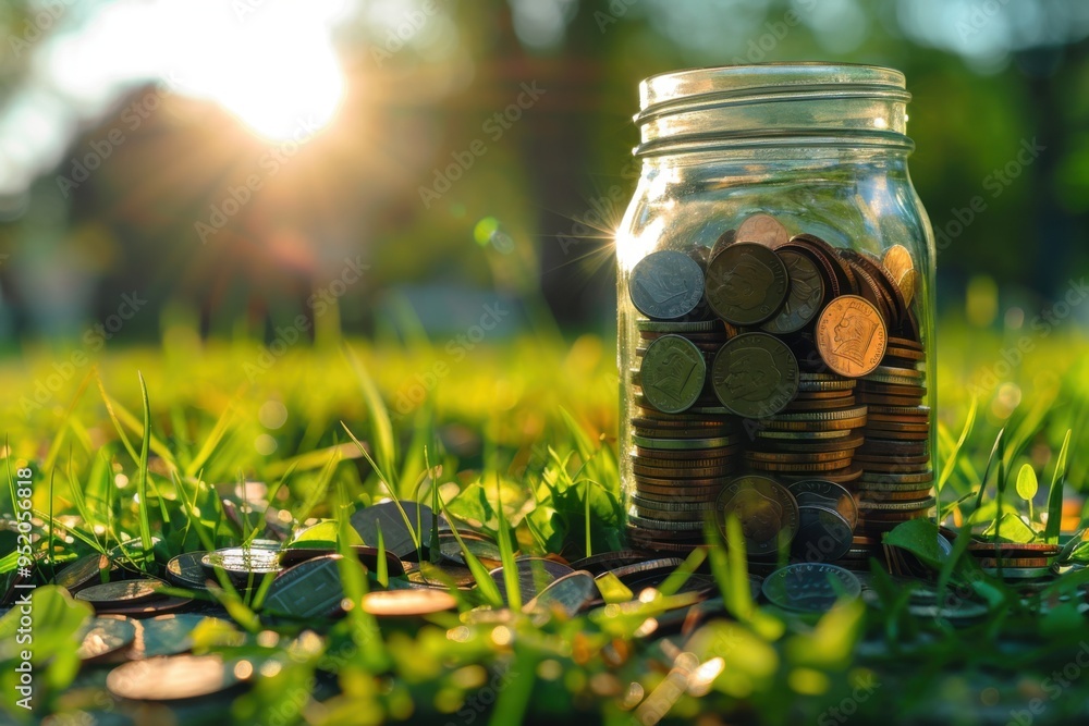 Jar filled with coins sitting on the grass, save money Jar filled with coins sitting on the grass, save money