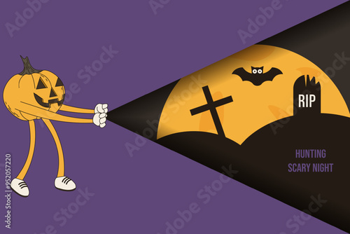 Hunting scary night concept. Halloween banner template design in trendy cut out paper style. 3D vector aesthetic can used discord web banner poster card. EPS 10