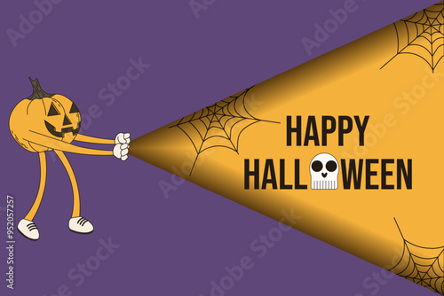 Happy Halloween discord banner template design in trendy cut out paper style. Creepy pumpkin character and typography text. Minimalism vector aesthetic can used holiday web poster banner card. EPS 10