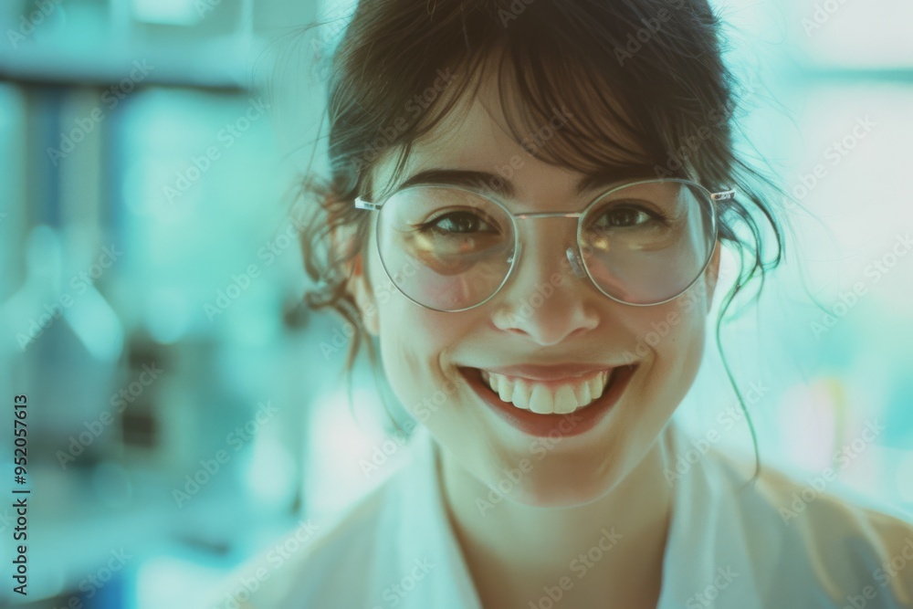 Close-up of a cheerful woman in a lab, with a bright smile, representing enthusiasm and dedication in a scientific atmosphere. Close-up of a cheerful woman in a lab, with a bright smile, representing enthusiasm and dedication in a scientific atmosphere.
