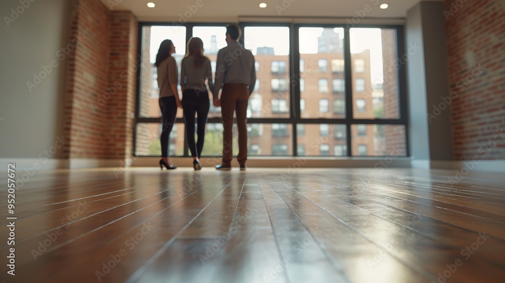Fototapeta premium Real Estate Agent Showing a Couple an Unfurnished Apartment with Exposed Brick Walls and Large Windows