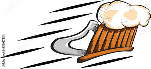 Wooden beer mug rushing through the air with motion lines