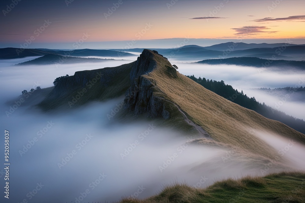 Fototapeta premium Enchanting Ridge Landscape Shrouded in Mist at Sunrise