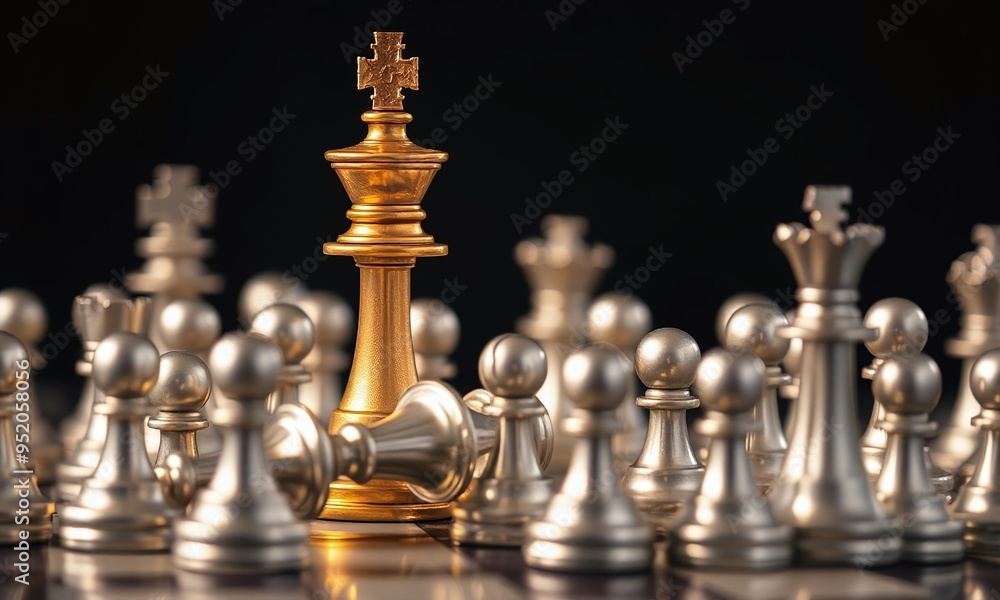Gold queen chess surrounded by a number of fallen silver chess pieces Gold queen chess surrounded by a number of fallen silver chess pieces