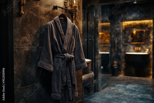 A plush gray bathrobe hangs on a hook in an elegant, dark-themed bathroom, underlining an atmosphere of luxury, relaxation, and sophisticated design.