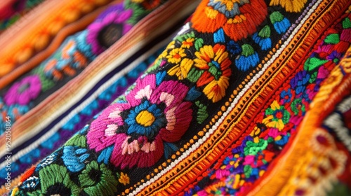 A close-up on the detail of brightly colored Guatemalan tzutes, capturing the essence of traditional craftsmanship and design.