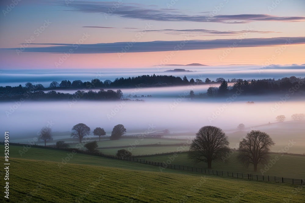 Fototapeta premium Charming Countryside View Draped in Mist with Picturesque Landscape and Dreamlike Sky