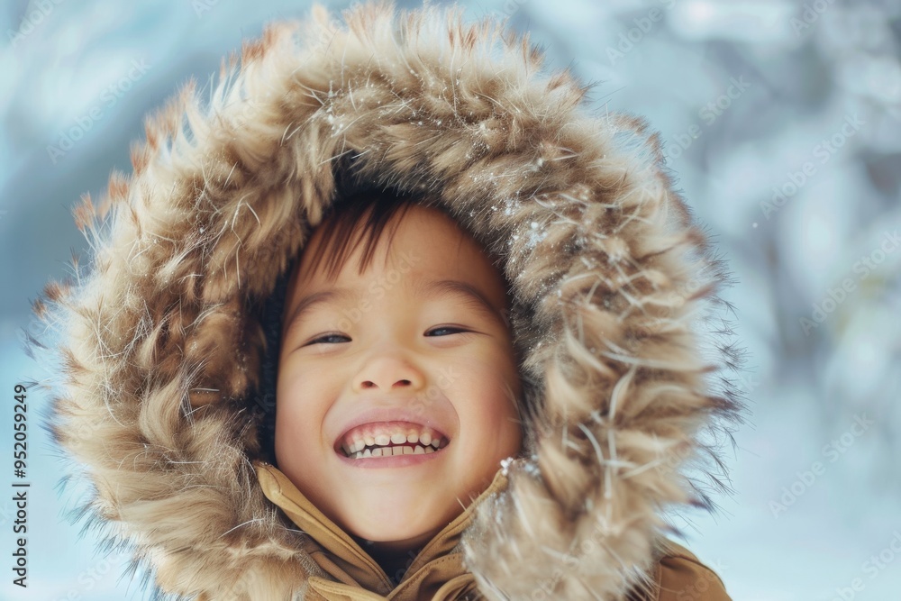 A joyful child bundled in a fur-lined parka, with a big smile and fluffy snowflakes falling, capturing the delight of a winter day. A joyful child bundled in a fur-lined parka, with a big smile and fluffy snowflakes falling, capturing the delight of a winter day.