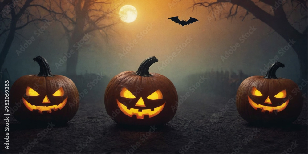 Halloween holiday, evil pumpkin with glowing eyes, and terrible surroundings, nightmare background Halloween holiday, evil pumpkin with glowing eyes, and terrible surroundings, nightmare background