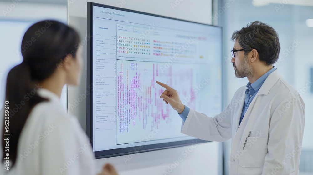 Doctor explains personalized medicine using genomic data visualization in a modern clinic setting Doctor explains personalized medicine using genomic data visualization in a modern clinic setting