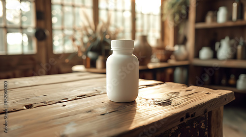 A white pill bottle sits on a rustic wooden table. The bottle is in focus, while the background is blurred. photo