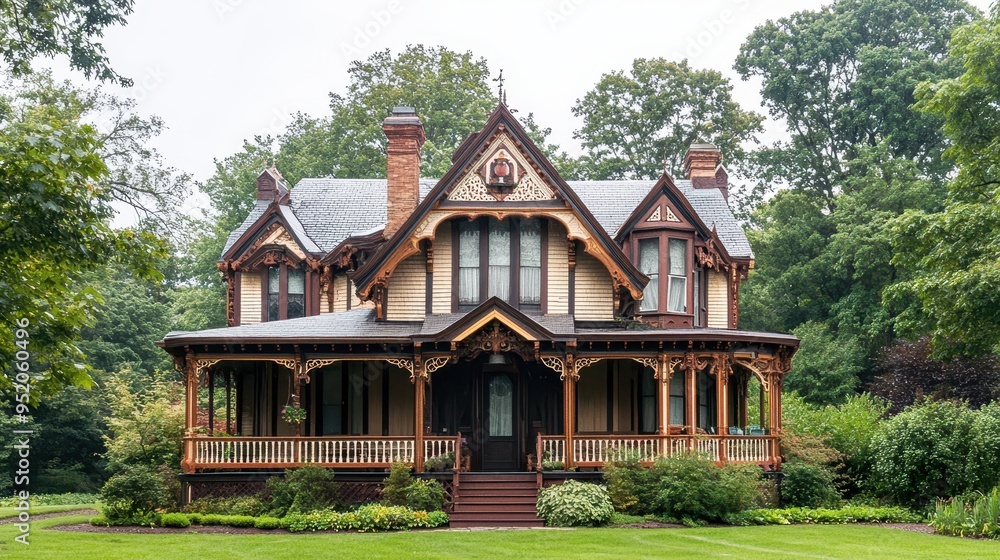A beautifully designed Victorian-style house surrounded by greenery. A beautifully designed Victorian-style house surrounded by greenery.