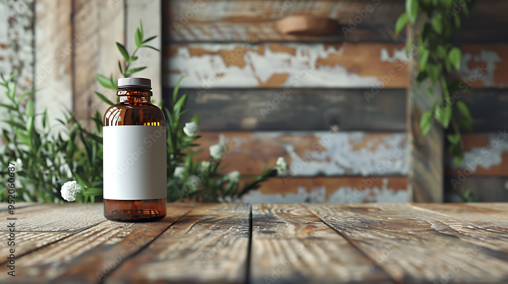 A glass bottle with a white label sits on a rustic wooden table. It's surrounded by greenery, creating a natural and organic aesthetic. A glass bottle with a white label sits on a rustic wooden table. It's surrounded by greenery, creating a natural and organic aesthetic.