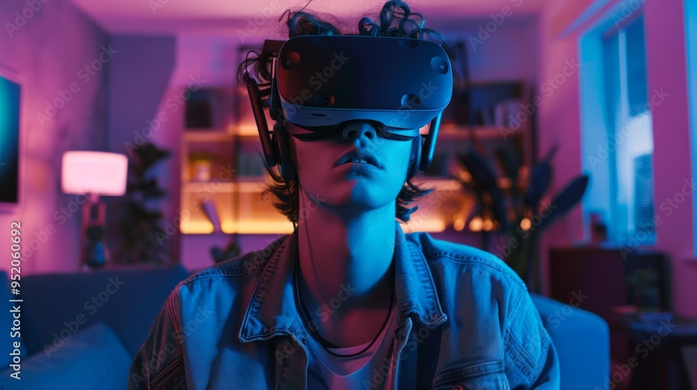 Young professional interacts with virtual workspace using VR glasses in a modern home filled with innovative technology Young professional interacts with virtual workspace using VR glasses in a modern home filled with innovative technology
