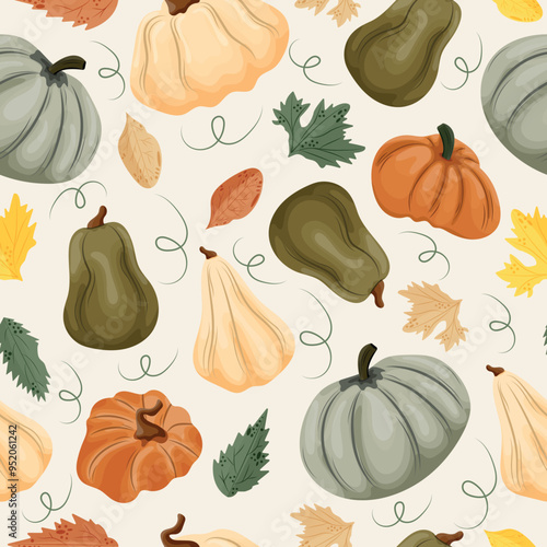 seamless autumn pattern with various pumpkins of different sizes with autumn various leaves and pumpkin leaves on a light background, vector