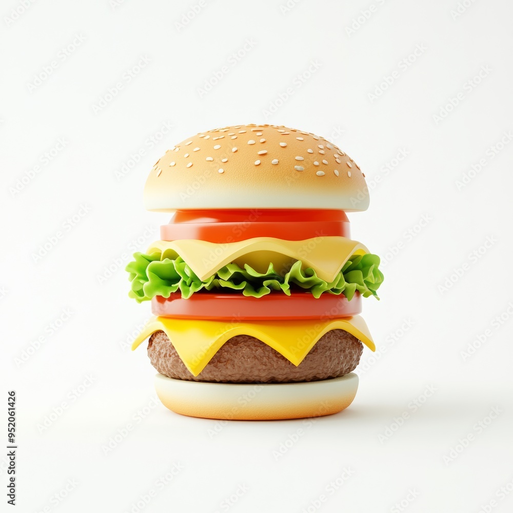 A 3D icon of a simple, cute hamburger with layers of lettuce, tomato, and cheese, set against a clean white background A 3D icon of a simple, cute hamburger with layers of lettuce, tomato, and cheese, set against a clean white background