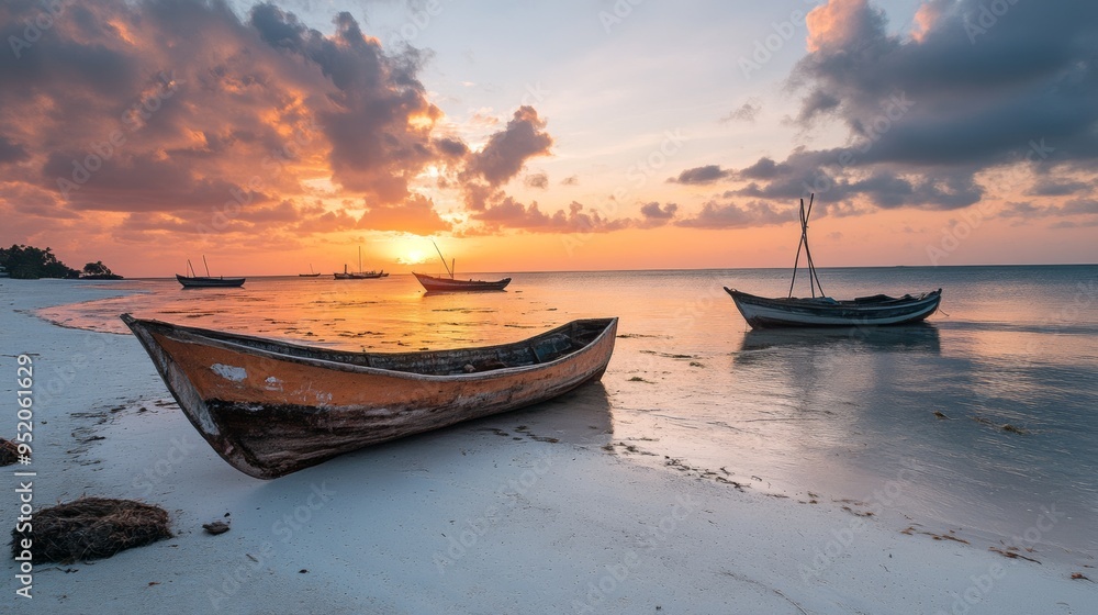 Naklejka premium Zanzibar, Tanzania shot, national geographic style, ocean shore with boats