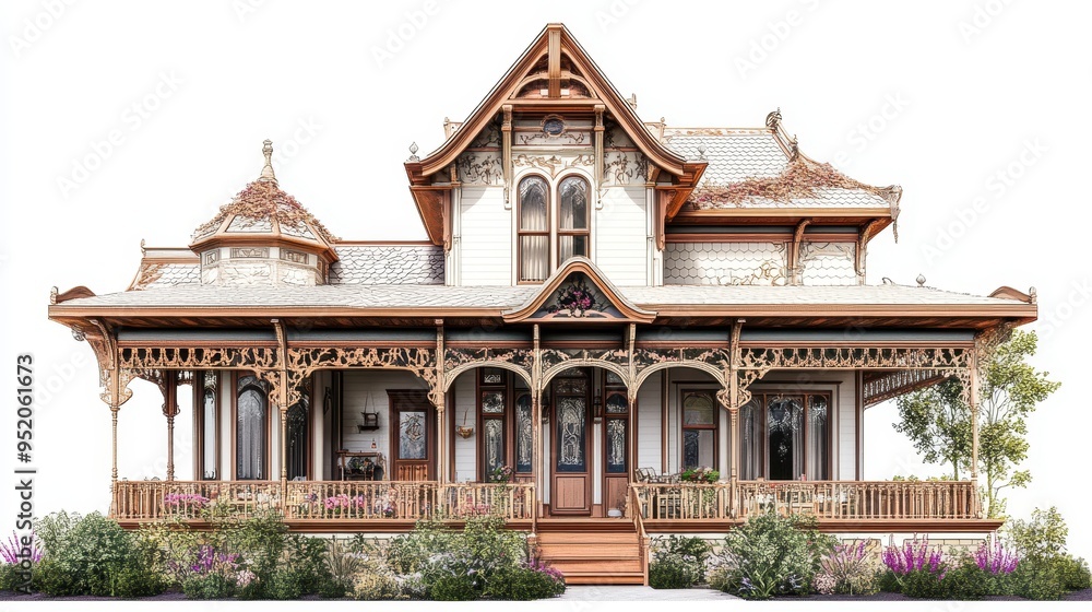 A beautifully designed Victorian-style house with intricate details and lush landscaping. A beautifully designed Victorian-style house with intricate details and lush landscaping.