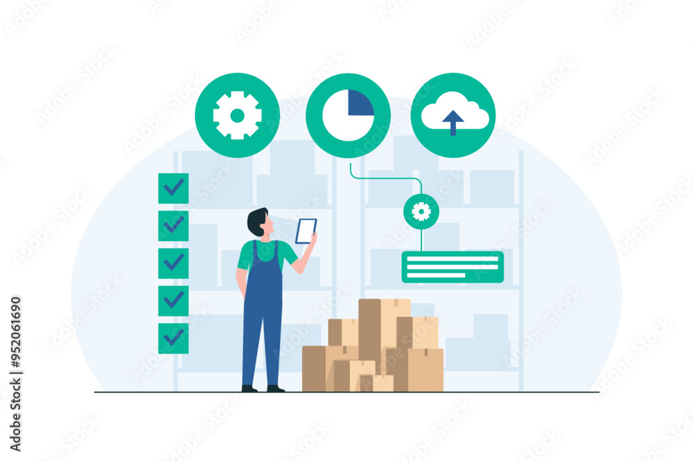 Inventory Specialist Using Tablet for Stock Check. Illustration Inventory Specialist Using Tablet for Stock Check. Illustration