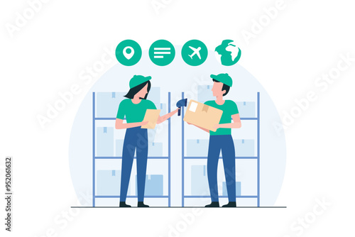 Employee Labeling Packages in Warehouse Systematically. Illustration