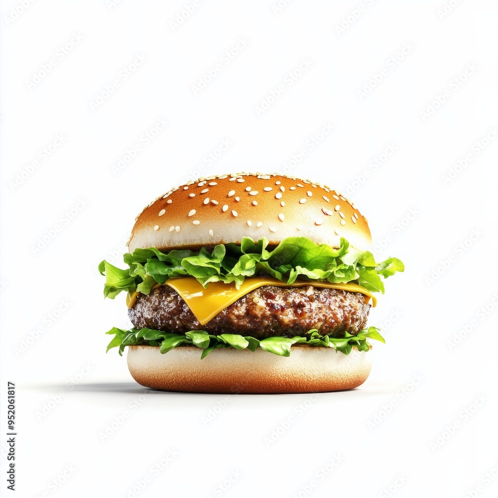 A 3D icon of a simple, cute hamburger with lettuce, cheese, and a juicy beef patty, all enclosed in a sesame seed bun, set against a white background A 3D icon of a simple, cute hamburger with lettuce, cheese, and a juicy beef patty, all enclosed in a sesame seed bun, set against a white background