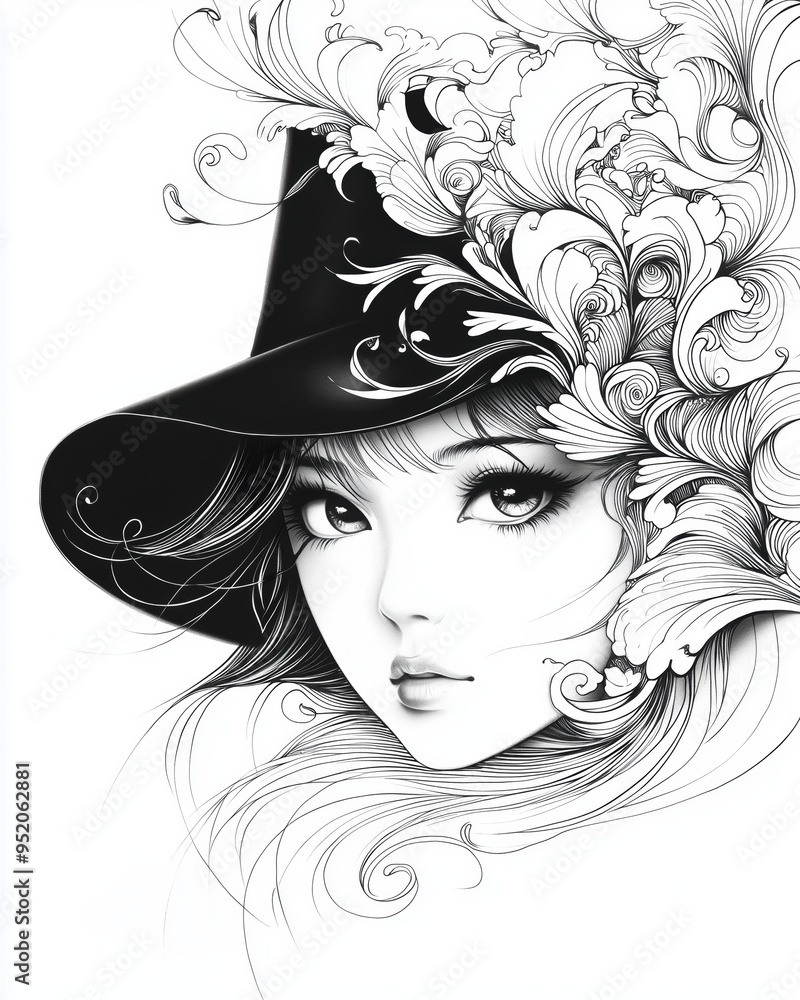 Asian Woman in Black Hat with Intricate Patterns - Black & White Ink Illustration Asian Woman in Black Hat with Intricate Patterns - Black & White Ink Illustration